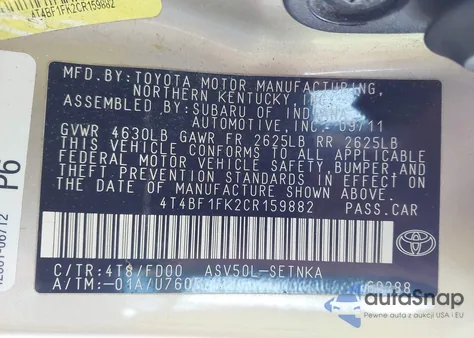 2012 Toyota Camry Le z USA, uszkodzony, nr VIN 4T4BF1FK2CR159882